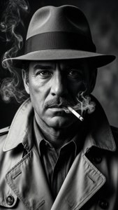 Burt Young in een noir-stijl portret met schaduw en rook.