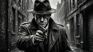 En film noir-stilet indsigelsesscene med en detektiv i regn.