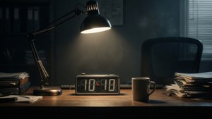 Un ufficio noir e cupo con un timer e caffè, che evidenzia la gestione del tempo notturna.