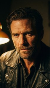Nahaufnahme-Film-Noir-Porträt von John Koehl mit intensivem Ausdruck