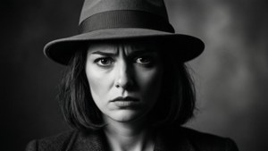Stile film noir della donna del meme 'Really?' con illuminazione ombrosa.
