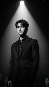 Portrait dramatique en noir et blanc de Nam Joo-hyuk en costume sous un projecteur, esthétique noir.