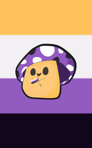 A cheerful cartoon mushroom holding a rainbow flag against a colorful striped backdrop.