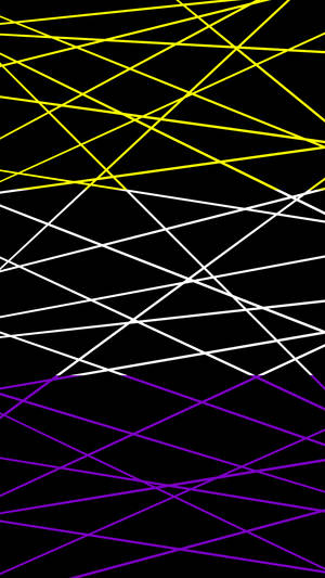 Abstract pattern of intersecting yellow white and purple lines on black background