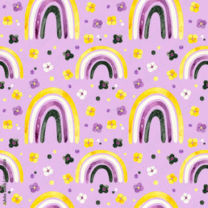 Watercolor rainbows and flowers on a lavender background in a repeating pattern.