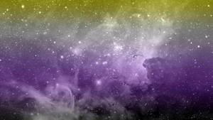 Vibrant purple and yellow nebula filled with sparkling stars in deep space.