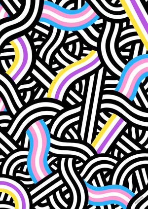 Abstract pattern of colorful wavy stripes on black and white background