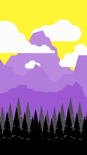 Purple mountains with pine trees under a yellow sky with white clouds.
