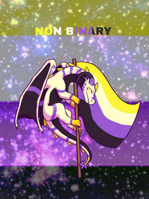 A nonbinary dragon holding a flag in a starry space scene.