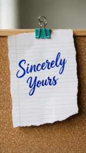 Revet notespapir med 'Sincerely Yours' fastgjort til en korktavle med en papirclips.