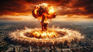 Luchtfoto van nucleaire paddenstoelwolk boven stad, apocalyptische rode lucht.
