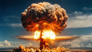 Ett fotorealistiskt nukleärt explosion med svampmoln.
