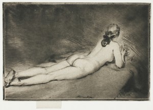 Nude Figure Lying Down by Theodore Roussel, created 1906, in Drypoint in black on cream laid paper. Download this artwork as a high-resolution wallpaper for des — Illustration Background
