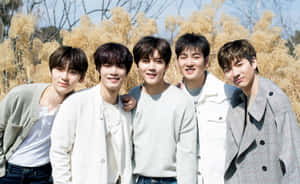 Five young men in casual coats smiling outdoors among tall golden grass. — Nuest Picture