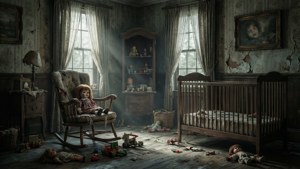 Grusliges Kinderzimmer mit altem Spielzeug und Puppe.