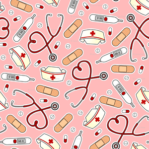 Pink wallpaper with medical icons like stethoscopes and bandages shaped like hearts. — Nursing Wallpaper