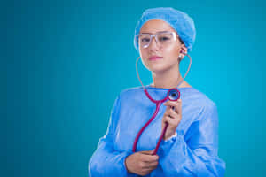 Young female doctor in scrubs holding stethoscope against teal background