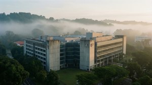 Mattina nebbiosa all'edificio NUS Engineering con nebbia e atmosfera cupa
