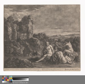 Nymphs Bathing by Bernard Lens II, in Mezzotint on medium, slightly textured, beige laid paper. Download this artwork as a high-resolution wallpaper for desktop — Bernard Lens II Wallpaper