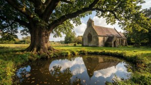 Étang paisible du Warwickshire avec chêne et église en arrière-plan