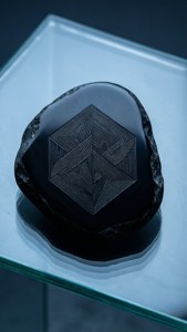 Moderni minimalistinen taustakuva geometrisesta intagliokaiverruksesta mustalla obsidiaanikivellä.