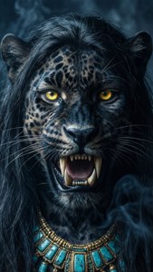 Un papier peint intense en gros plan de Tezcatlipoca en tant qu'hybride jaguar aux yeux brillants.