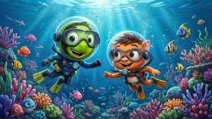 PBS Kids-maskoter dykker i et korallrev