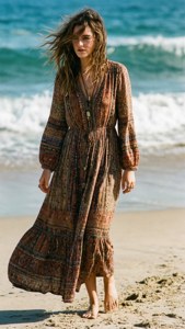 Shailene Woodley schlendert barfuß über einen Strand in einem Bohemien-Kleid mit Meereswellen.