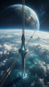 Wallpaper 9:16 yang tenang dari lift luar angkasa futuristik yang naik dari planet samudra alien ke orbit dengan kabel yang membentang ke awan.