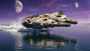 Millennium Falcon flying low over ocean with two moons in twilight sky