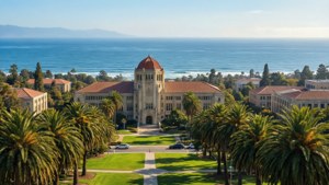 Panorama luas UCSD dengan lautan dan pohon palem dalam seni digital