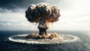 En nuklear svampesky bryder ud over havet, med en chokbølge, der bølger hen over vandet.
