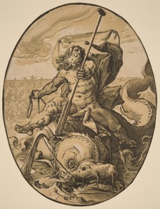 Oceanus by Hendrick Goltzius, created 1588/1590, in chiaroscuro woodcut printed in sepia-ochre, olive and black on laid paper. Download this artwork as a high-r — Hendrick Goltzius Wallpaper