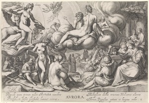 Ochtend (Aurora) by Jacob Matham, created 1601 - 1605, in paper; engraving. Download this artwork as a high-resolution wallpaper for desktop, tablet, or mobile. — Jacob Matham Wallpaper