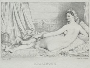 Odalisque by Jean-Auguste-Dominique Ingres, created 1825, in lithograph. Download this artwork as a high-resolution wallpaper for desktop, tablet, or mobile. — Jean-Auguste-Dominique Ingres Wallpaper