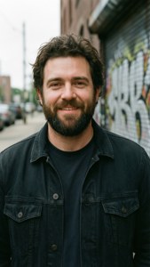 A smiling bearded man in a denim jacket stands on a graffiti-covered city street. — Christian Wilkins Wallpaper