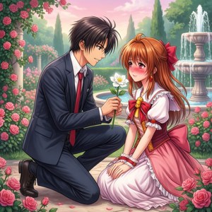 Tomoe bietet Nanami in einem Garten eine weiße Blume an.