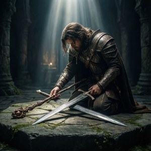 Eerbiedige achtergrond van een krijger-magiër die toverstaf en zwaard offert bij een oud altaar