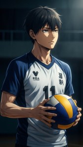 Oikawa segurando uma bola com um olhar contemplativo