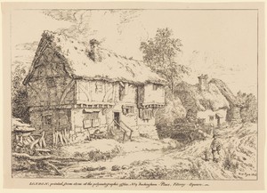 Old Cottages by W. H. (William Henry) Pyne, created 1806, in pen-and-tusche lithograph. Download this artwork as a high-resolution wallpaper for desktop, tablet — W. H. (William Henry) Pyne Wallpaper
