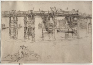 Old Putney Bridge by James McNeill Whistler, created 1879, in etching. Download this artwork as a high-resolution wallpaper for desktop, tablet, or mobile. — Art Wallpaper