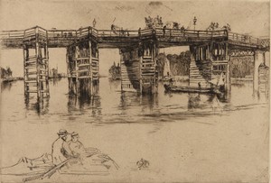 Old Putney Bridge by James McNeill Whistler, created 1879, in Etching; ink on paper. Download this artwork as a high-resolution wallpaper for desktop, tablet, o — James McNeill Whistler Wallpaper