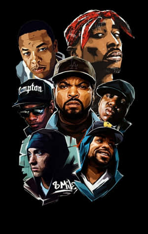 Ilustração composta de seis artistas de hip hop em retratos estilizados com cores ousadas e estilo urbano. — Old School Retro Papéis de Parede