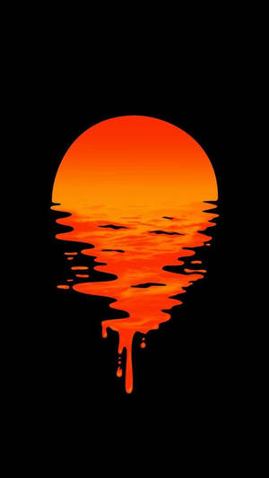 Un soleil orange fondant qui goutte dans l'eau noire au coucher du soleil.