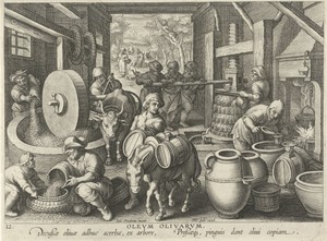 Olijfpers by Jan Collaert (II), created c. 1598 - c. 1593, in paper; engraving. Download this artwork as a high-resolution wallpaper for desktop, tablet, or mob