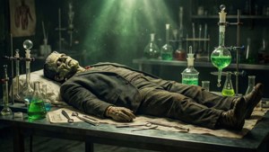 El monstruo de Frankenstein en la mesa de laboratorio antes de la chispa de la vida