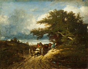 On the Road by Jules Dupré, created 1856, in Oil on canvas. Download this artwork as a high-resolution wallpaper for desktop, tablet, or mobile. — Travel Background