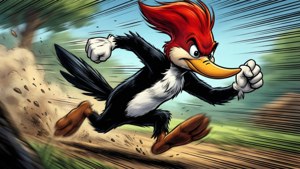 Cartoon woodpecker running fast on dirt trail kicking up dust. — Woody Woodpecker Wallpaper
