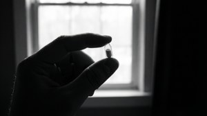 Foto in bianco e nero di mano che tiene una pillola alla luce della finestra