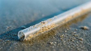 Eine intime Makroaufnahme eines Plastikstrohhalms, der auf nassem Strandsand zurückgelassen wurde